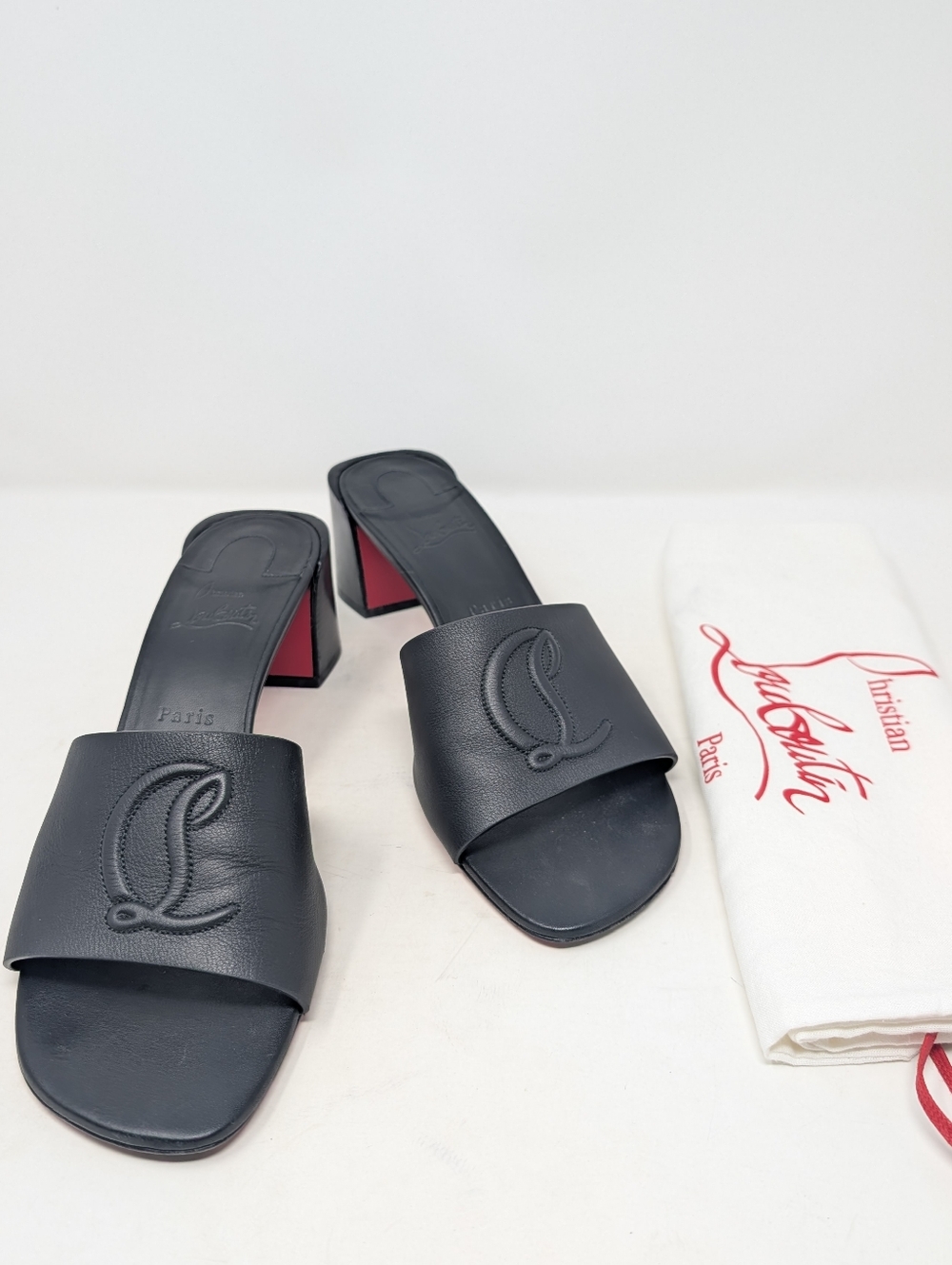 Christian Louboutin So CL 55 Logo Embossed Slides Sandals Black Leather Size 41